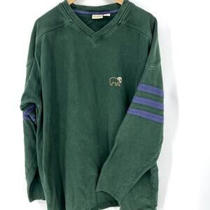 L.L. Bean Vintage Green V Neck Arm Stripe Embroidered Fleece Sweatshirt Size XL